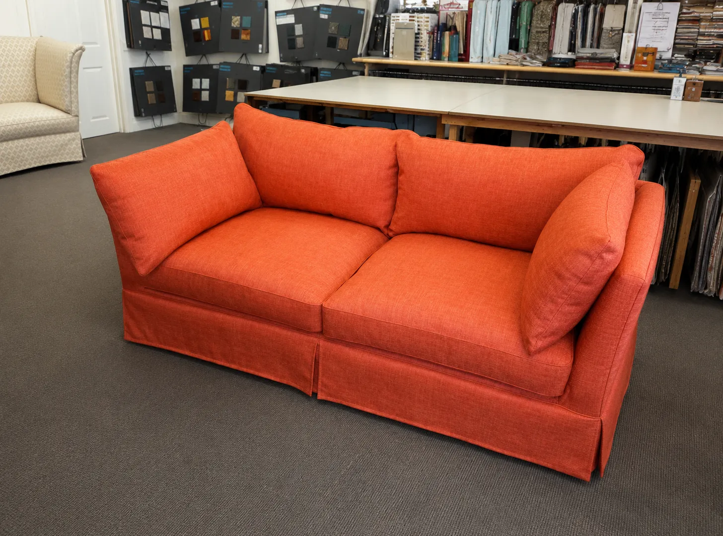 Coral reupholstered sofa by Signature Upholstery